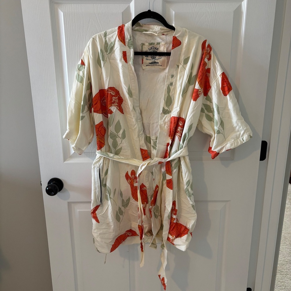California Cowboy La Sirena Robe XS/S Cream Orange Koi Fish Print Kimono Belted